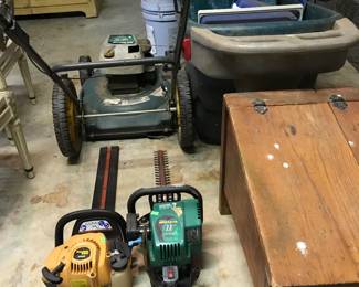 Lawn mower, hedgers, wheelbarrow and an old wooden kindling box