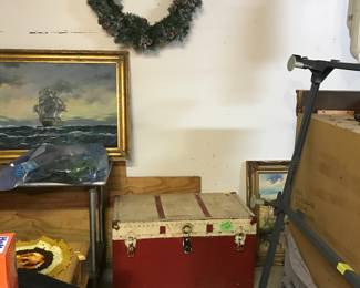  Trunks, wreaths, prints, and bed frame