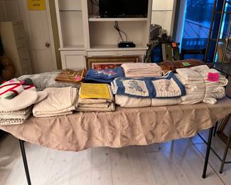 Blankets, 2 Quilts, King flannel sheet set, rugs and an assortment of various pillows and linens