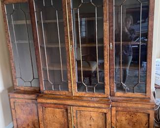 Vtg Burr Walnut Breakfront Library bookcase