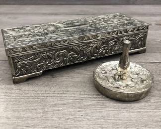 Vintage Godinger Floral Rectangle Jewelry Box & Ring Stand  Silver Tone $75