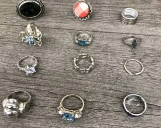 Silver Tone Costume Jewelry Mixed Ring Lot of 12 with Multi Color Stones and Bands $50 for all or 2 for $20