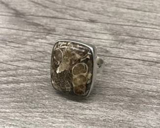 925 Sterling Silver Crushed Spiral Seashell Ring Size 7 US Stone 3/4  7.54 Grams $40