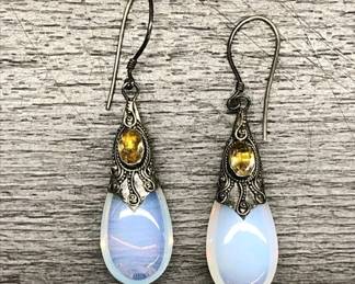 925 Silver Tear Drop Opalescant Earrings With Orange Glass Stone 1.5" 7.00 Grams $40