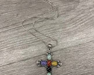 Sterling Silver With Beautiful  2" Multi Colored  Cross Pendant 17 inch Chain 10.87 Grams $75