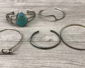 Unmarked Sterling Silver Bracelet Lot of 5 Adjustable Cuff Bangle 77.26 Grams $150 For all or $50 for Turquoise cuff $30 each on others