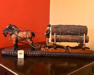 Ye Olde Wood Shop carved logger with draw horses by John Defatte