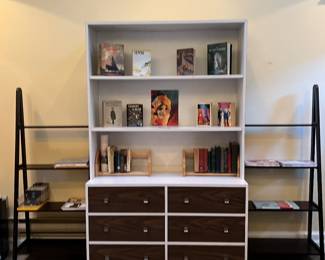 White hutch
48” wide
77” tall
17-3/4” deep
A frame bookcases:
25” wide
59”tall
13” deep