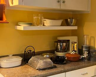 Sunbeam food prep center. Mixer only. New Corning Ware casserole. Homer Laughlin casserole. Coca Cola glasses