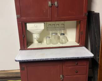 This cupboard is at another nearby location and won’t be at the sale site. Sellers Brand Hoosier cabinet cupboard. Porcelain work surface. S brand latches. Tambour door needs adjusting. Flour hopper
68” high
42-1/2” wide
24-1/2” deep