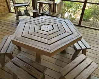  05 Heaxogonal Wood Table W 7 Stools W Dining Cart