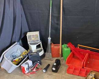 Garage Lot Jumper Cables  Gas Cans  Flash Lights S Air Compressor  Stool  Etc.