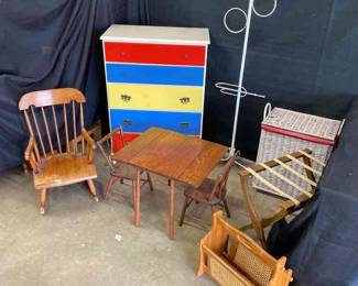 Kids Bedroom Lot Chest Of Drawers  Rocking Chair  Table And Chairs  Magazine Rack Luggage Stand  Clothes Basket And Stand 