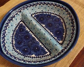 Unikat Polish Pottery divided serving dish, 9x10.25x2