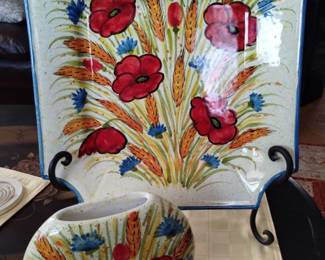 Hand painted Tuscan pottery... Vase 7x7x2; Plate 13" square 