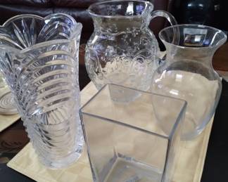 - Glass pitcher (1 gal)
- rectangular glass vase, 6"
- glass tulip vase, 8"
- crystal vase, 10"