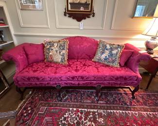 19th Century Camel Back 18th Century Reproduction Sofa. Available for Pre-sale on Facebook Marketplace