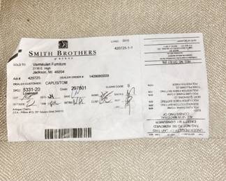 Smith Brothers label on cream colored loveseat & matching sofa