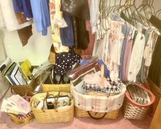 Many Longaberger baskets, plus other baskets, many table linens, bedding, etc. (some SOLD)