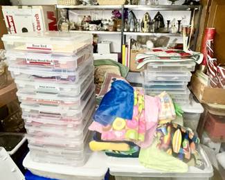 Lots of card stock, ribbon, rubber stamping supplies sorted in plastic containers by color (SOLD), fleece fabric
