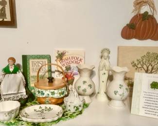 Irish decor including Longaberger basket (SOLD), Belleek, etc.