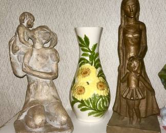 Vintage woman and child figures, vase