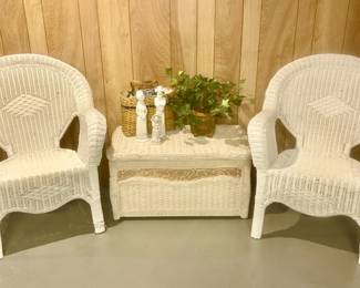 Pair of matching wicker chairs, wicker storage chest w/ hinged top