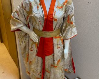 Orange/White/Gold Kimono with Crane Design, Vintage Kimono, Mid-Century Kimono