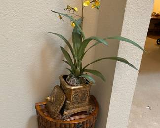Bronze Tone Decorative Box, Bamboo Lidded Storage Basket