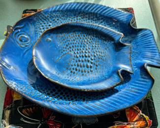 Blue Pottery Fish Plate and Sauce Dish
