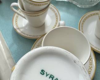 1967 Set of 5 Syralite Cups & Saucers, Yellow/white Honeycomb Design