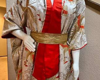 Orange/White/Gold Kimono with Crane Design, Vintage Kimono, Mid-Century Kimono
