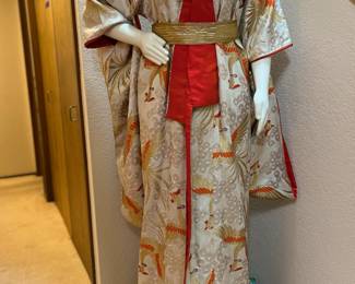 Orange/White/Gold Kimono with Crane Design, Vintage Kimono, Mid-Century Kimono