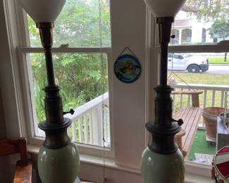 Pair of STIFFEL Green Ceramic & Brass Ostrich Egg Lamps