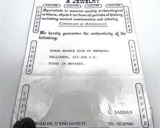 Lot 037   4 Bid(s)
Roman Bronze Coin of Emperor: Gallienus, 253-268 C.E. Found In Bethany