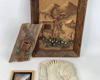 Wood Art Pieces, Eagle Sandstone Art and Cork Diorama Art