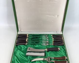 Baron Stainless Solingen Germany Antler Handle Fork and Steak Knife Flatware with Carving Set in Origi..