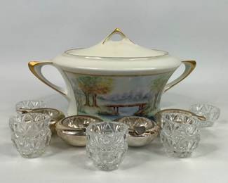  Individual Salt Cellars and Hand Painted Bowl with Lid