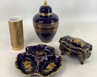 German Porcelain Tripart Dish, Trinket Box and Vases
