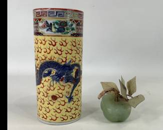 Chinese Porcelain Painted Vase & Carved Jade Mangosteen Fruit