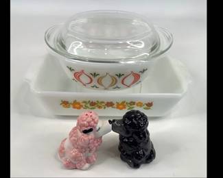 Anchor Hocking Loaf Pan, Schott & Gen Mainz Casserole Dish and Poodle Salt & Pepper Shakers
