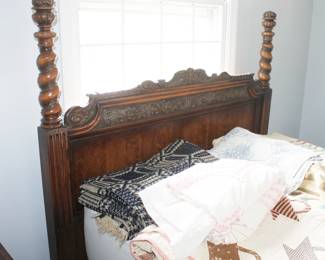 Bed with Headboard, Footboard and rails.  Vintage Romweber Furniture - Carved Oak and Burled Walnute - Originally purchased in the 1930s.