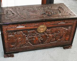 Blanket Chest.   Vintage Romweber Furniture - Carved Oak and Burled Walnute - Originally purchased in the 1930s.