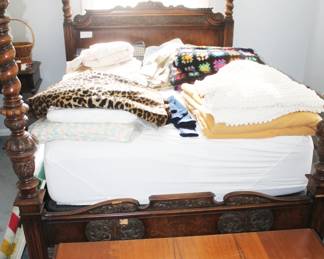 Bed. Vintage Romweber Furniture - Carved Oak and Burled Walnute - Originally purchased in the 1930s.