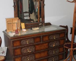 Dresser.   Vintage Romweber Furniture - Carved Oak and Burled Walnut - Originally purchased in the 1930s.
