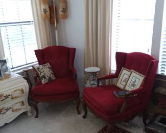 (Back bedroom) Pair of red Victorian style arm chairs