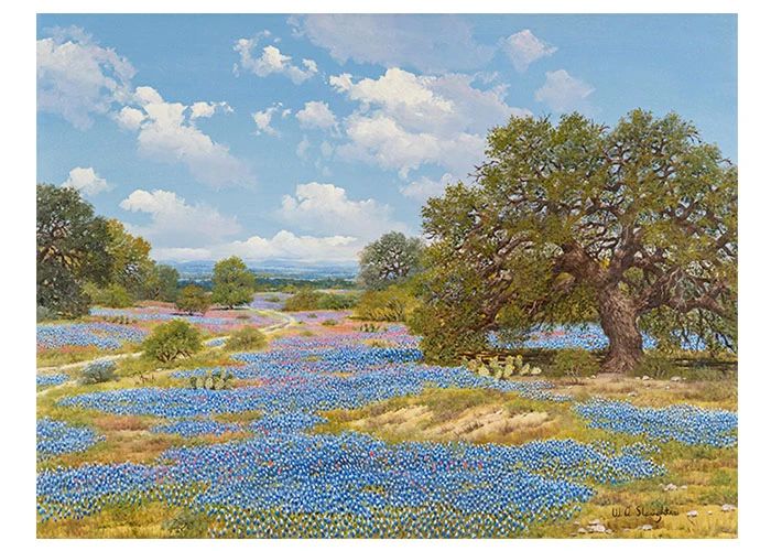 William A. Slaughter (Texas _ California, 1923-2003), oak tree and bluebonnets, oil on canvas
