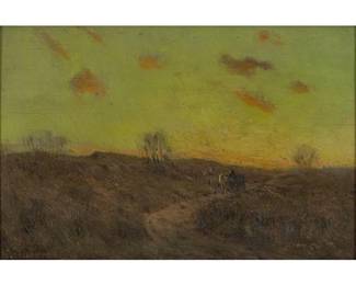 Julian Onderdonk (Texas / New York, 1882-1922), "Winter Twilight S. W. Texas", 1908, oil on Flemish art board, titled, dated, and signed again on verso; in original frame
