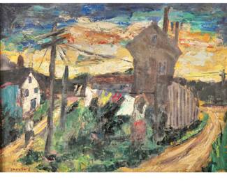 HARRY SHOULBERG (1903-1995) | sunset view. Oil on canvas. Showing a woman hanging clothes among houses before a colorful sky. Signed lower left. h. 18.5 x 24 in., stretcher. W. 29 x h. 23 in. (frame)
