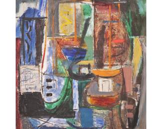 MORRIS DAVIDSON (1898-1979) | Abstract scene with boats. Oil on canvas. Signed and dated 50 upper left. 22 x 18 in., stretcher. W. 28 x h. 32 in. (frame)